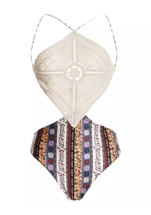 Agua Bendita crochet floral-print swimsuit - Neutrals