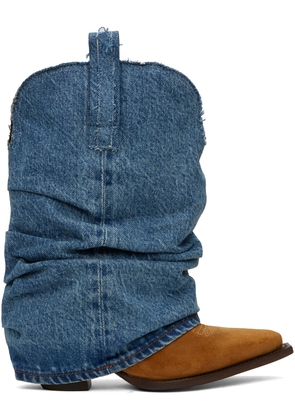 R13 Tan & Blue Low Rider Cowboy Denim Boots