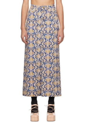 GANNI Blue & Yellow Snake Printed Denim Maxi Skirt