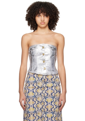 GANNI Silver Corset Denim Tank Top