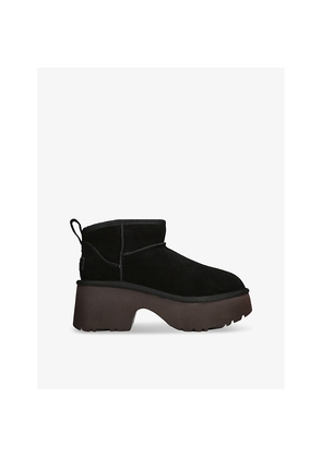 Womens UGG Classic Ultra Mini New Heights Suede and Shearling Heeled Ankle Boots