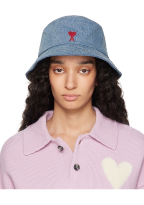AMI Paris Blue Cotton Ami de Coeur Embroidery Bucket Hat