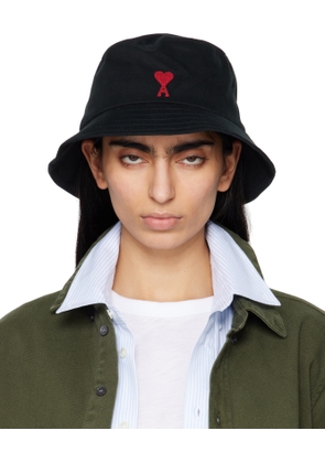 AMI Paris Black Cotton Ami de Coeur Embroidery Bucket Hat