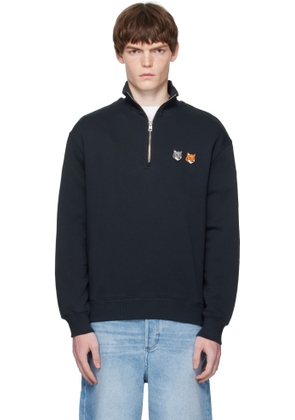 Maison Kitsuné Navy Double Bold Fox Head Half Zip Comfort Sweatshirt