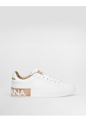 Dolce & Gabbana Calfskin Nappa Portofino Sneakers With Lamé Details - Woman Sneakers Gold Leather 40.5