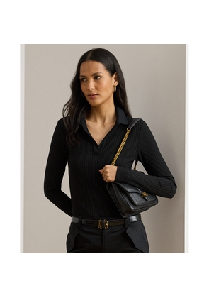 Rib-Knit Long-Sleeve Polo Top
