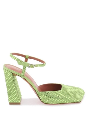 Amina Muaddi Satin Lime Charlotte Pumps With Crystals