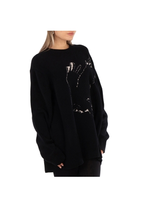 Ys Black Wool Crow Motif Long-Sleeved Pullover, Brand Size 2 (Medium)
