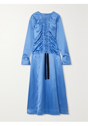 GANNI - Ruched Cutout Recycled Stretch-satin Midi Dress - Blue - EU 32,EU 34,EU 36,EU 38,EU 40,EU 42,EU 44