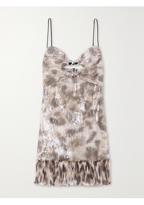 NENSI DOJAKA - Leopard-print Silk-trimmed Sequined Chiffon Mini Dress - Neutrals - xx small,x small,small,medium,large