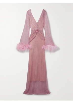 PATBO - Feather-trimmed Crystal-embellished Mesh Maxi Dress - Pink - US0,US2,US4,US6,US8,US10,US12