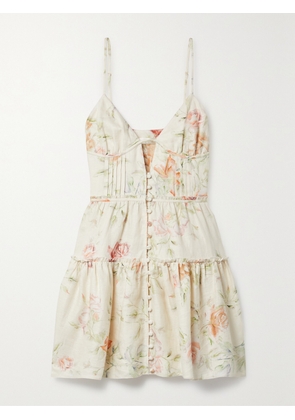 LOVESHACKFANCY - Maple Tiered Cutout Floral-print Linen Mini Dress - Cream - US0,US2,US4,US6,US8,US10,US12,US14