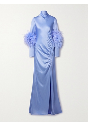 LAPOINTE - Feather-trimmed Ruched Satin Gown - Blue - US0,US2,US4,US6,US8,US10,US12,US14