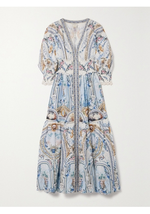 Camilla - Shirred Printed Linen Maxi Dress - Blue - x small,small,medium,large,x large,xx large