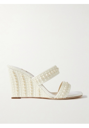 Jimmy Choo - Sacoria 85 Pearl-embellished Satin Wedge Sandals - White - IT36,IT36.5,IT37,IT37.5,IT38,IT38.5,IT39,IT39.5,IT40,IT40.5,IT41,IT41.5,IT42