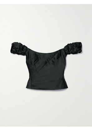 LOVESHACKFANCY - Ileana Off-the-shoulder Cropped Pleated Satin Top - Black - US0,US2,US4,US6,US8,US10,US12