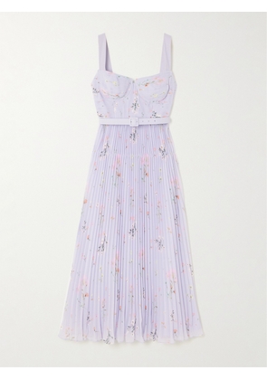 Self-Portrait - Belted Pleated Floral-print Chiffon Midi Dress - Purple - UK 4,UK 6,UK 8,UK 10,UK 12,UK 14,UK 16