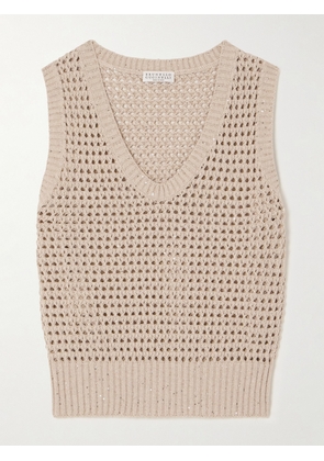 Brunello Cucinelli - Sequin-embellished Open-knit Cotton-blend Vest - Brown - xx small,x small,small,medium,large,x large,xx large