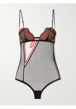 NENSI DOJAKA - Heartbeat Appliquéd Tulle Bodysuit - Black - xx small,x small,small,medium,large