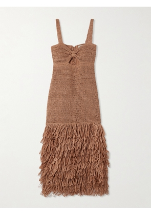 Farm Rio - Cutout Fringed Raffia Midi Dress - Brown - xx small,x small,small,medium,large,x large