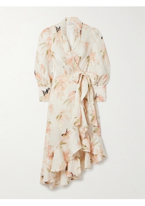 Zimmermann - + Net Sustain Printed Linen Midi Wrap Dress - Ivory - 00,1,2,3,4