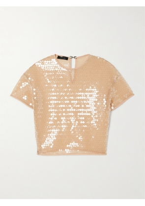 MUGLER - Cropped Sequined Stretch-tulle Top - Brown - FR 34,FR 36,FR 38,FR 40,FR 42,FR 44