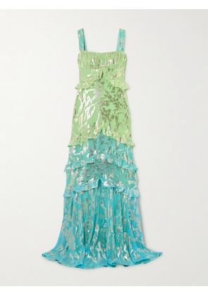 Saloni - Chandra Ruffled Fil Coupé Silk-blend Maxi Dress - Green - UK 4,UK 6,UK 8,UK 10,UK 12,UK 14,UK 16