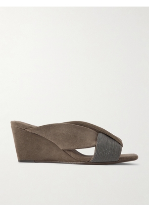 Brunello Cucinelli - Bead-embellished Suede Wedge Mules - Brown - IT36,IT36.5,IT37,IT37.5,IT38,IT38.5,IT39,IT39.5,IT40,IT40.5,IT41