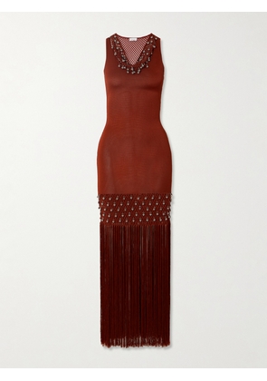 RABANNE - Fringed Embellished Crocheted Cotton Maxi Dress - Red - small,medium,large,x large