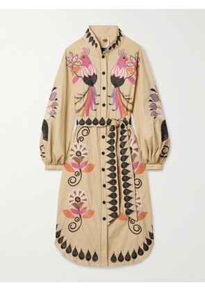 Farm Rio - Belted Embellished Embroidered Cotton Midi Shirt Dress - Neutrals - xx small,x small,small,medium,large,x large