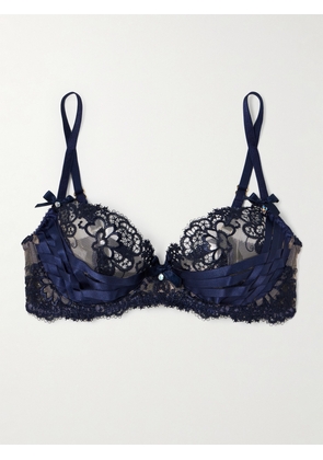 Agent Provocateur - Dioni Embellished Satin-trimmed Lace Underwired Bra - Blue - 32B,34B,36B,32C,34C,36C,32D,34D,36D