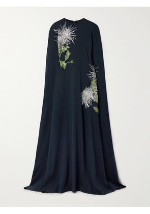 Oscar de la Renta - Cape-effect Embellished Silk-blend Crepe Gown - Blue - x small,small,medium,large,x large