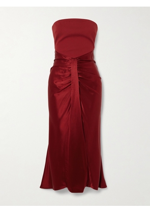 STAUD - Wayfaring Strapless Gathered Satin And Ponte Midi Dress - US00,US0,US2,US4,US6,US8,US10,US12