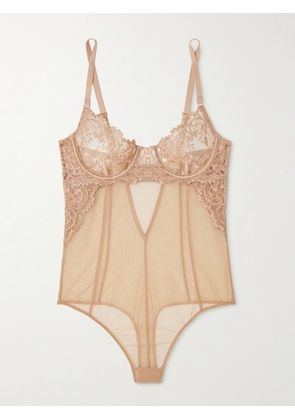 Kiki de Montparnasse - Juliette Silk-blend Satin-trimmed Embroidered Tulle Bodysuit - Brown - x small,small,medium,large