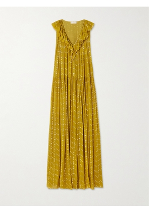 Ulla Johnson - Audelia Ruffled Crinkled Metallic Fil Coupé Silk-blend Maxi Dress - Yellow - US2,US4,US6,US8,US10