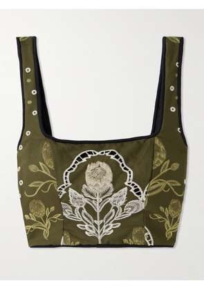 Agua by Agua Bendita - Amanda Relato Cropped Embroidered Piped Cotton-blend Poplin Bustier Top - Green - x small,small,medium,large,x large