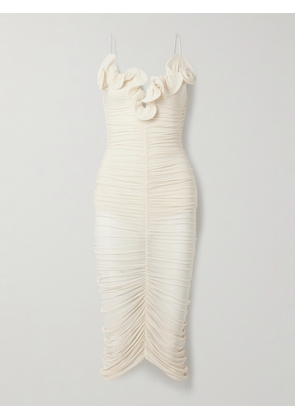 Magda Butrym - Ruffled Ruched Stretch-mesh Midi Dress - Cream - FR 34,FR 36,FR 38,FR 40