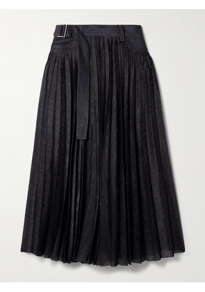 Sacai - Denim-trimmed Pleated Printed Crepe De Chine Midi Wrap Skirt - Blue - 1,2,3,4