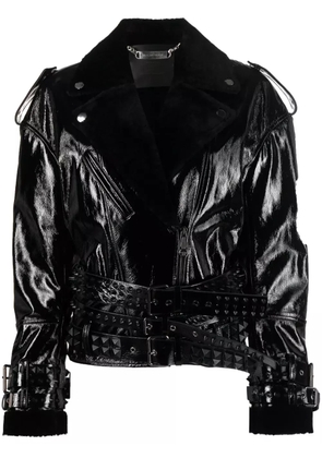 Philipp Plein shearling-collar patent-leather jacket - Black