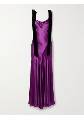 NINA RICCI - Tie-detailed Velvet-trimmed Paneled Satin Maxi Dress - Purple - FR 34,FR 36,FR 38,FR 40,FR 42,FR 44