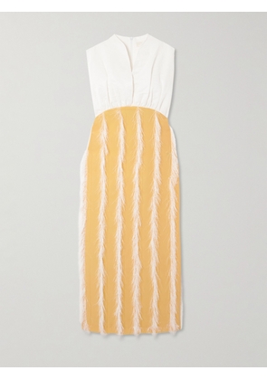 DESTREE - Paz Faux Feather-trimmed Pleated Cotton-blend Twill Midi Dress - Yellow - x small,small,medium,large