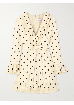 Valentino Garavani - Belted Ruffled Polka-dot Wool And Silk-blend Mini Dress - Off-white - IT36,IT38,IT40,IT42,IT44,IT46