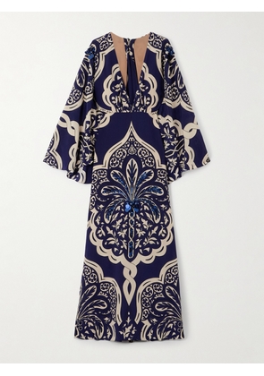 Johanna Ortiz - Cape-effect Embellished Printed Silk-crepe Maxi Dress - Blue - US0,US2,US4,US6,US8,US10