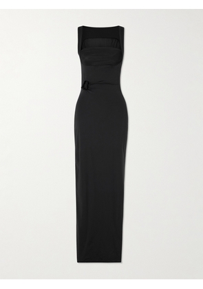 Maygel Coronel - Hibisco Appliquéd Stretch-jersey Maxi Dress - Black - Petite,One Size,Extended