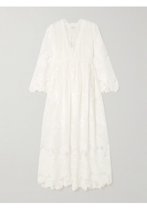 Loretta Caponi - Capoliveri Pintucked Embroidered Cotton-voile And Lace Maxi Dress - White - x small,small,medium,large,x large