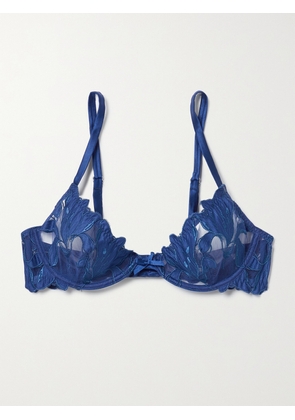 FLEUR DU MAL - Lily Satin-trimmed Embroidered Stretch-tulle Underwired Bra - Blue - 32B,34B,36B,32C,34C,36C,32D,34D,36D,32DD,34DD,36DD,32F,34F,36F,32G,34G,36G