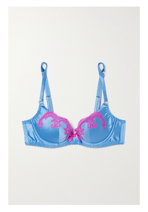 Agent Provocateur - Molly Leavers Lace-trimmed Stretch-silk Satin Underwired Bra - Blue - 34A,32B,34B,36B,30C,32C,34C,36C,30D,32D,34D,36D,30DD,32DD,34DD,36DD,32E,34E,36E,32F,34F,36F