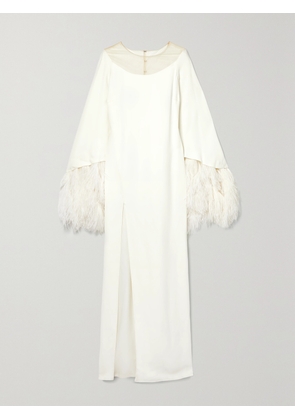 MONIQUE LHUILLIER - Feather And Tulle-trimmed Silk-crepe Gown - White - US0,US2,US4,US8,US10,US12