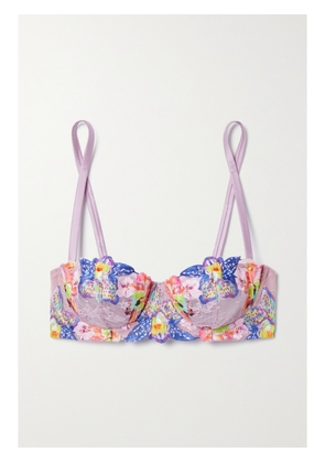 FLEUR DU MAL - Orchid Satin-trimmed Appliquéd Lace Underwired Soft-cup Bra - Purple - 32B,34B,36B,38B,32C,34C,36C,38C,32D,34D,36D,38D,32DD,34DD,36DD