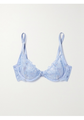 FLEUR DU MAL - Lily Satin-trimmed Embroidered Stretch-tulle Underwired Soft-cup Bra - Blue - 32B,34B,36B,32C,34C,36C,32D,34D,36D,32DD,34DD,36F
